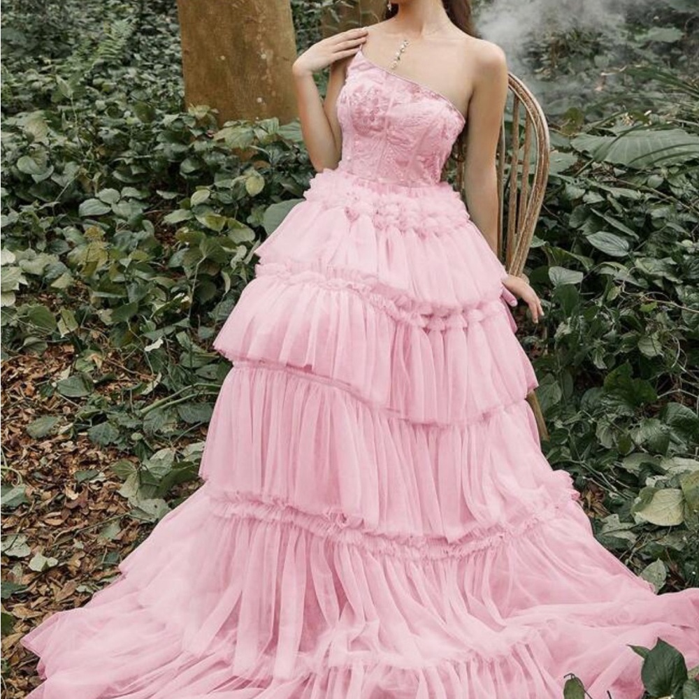 One shoulder sequin bodice mesh hem cake dress in pink size xs p2p 19+
